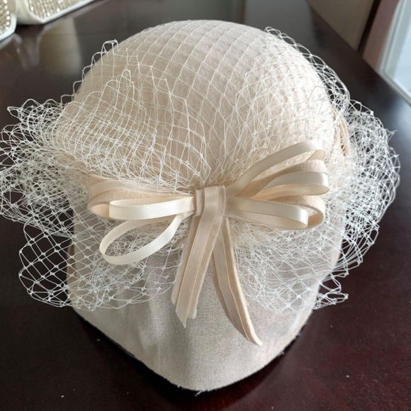 Womens Hat & Veil with Braid Satin Trim Bow MINT Georgette Wedding Bridal - Picture 6 of 7